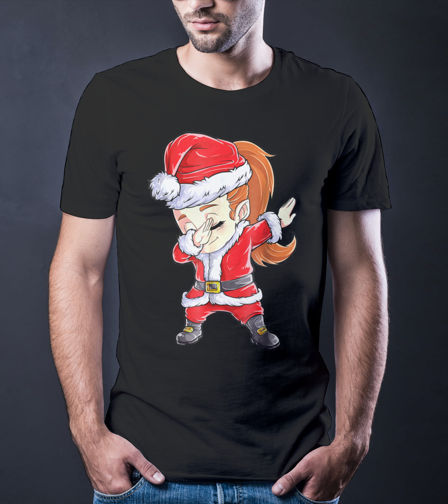 Dabbing Santa Christmas Girls Red Suit White Fur Black Boots T-Shirt