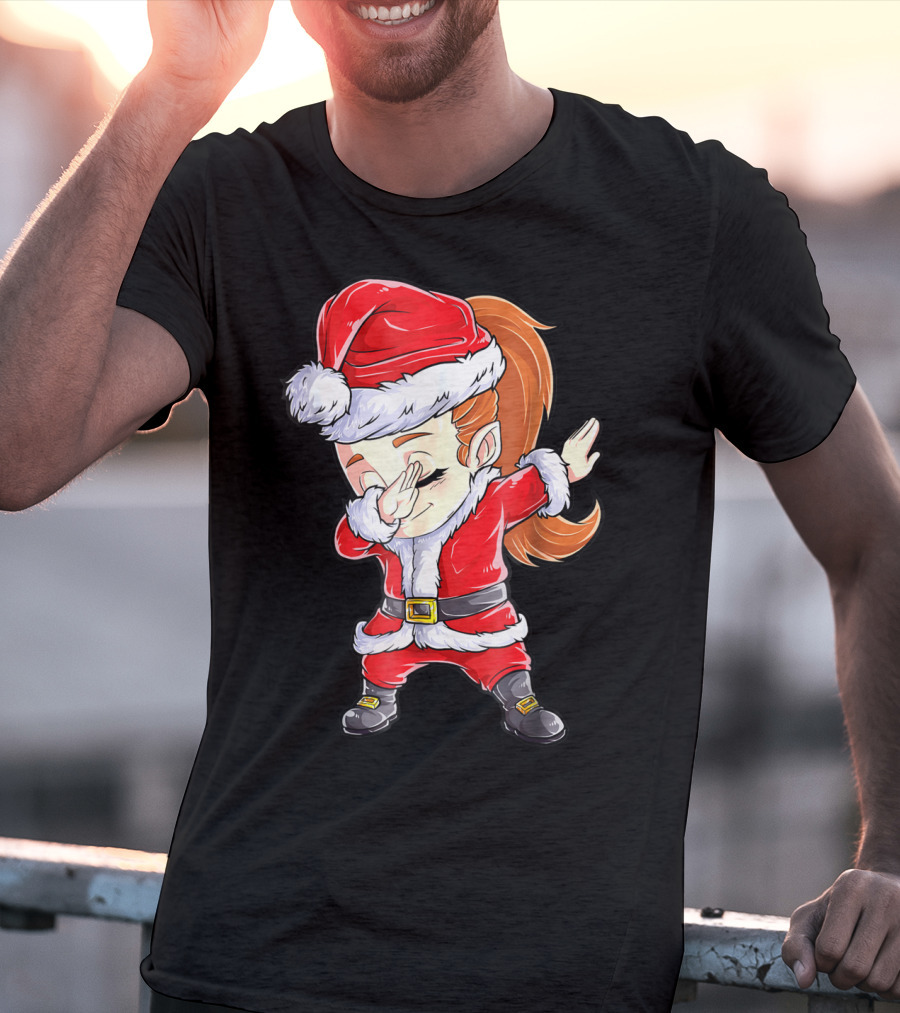 Dabbing Santa Christmas Girls Red Suit White Fur Black Boots T-Shirt