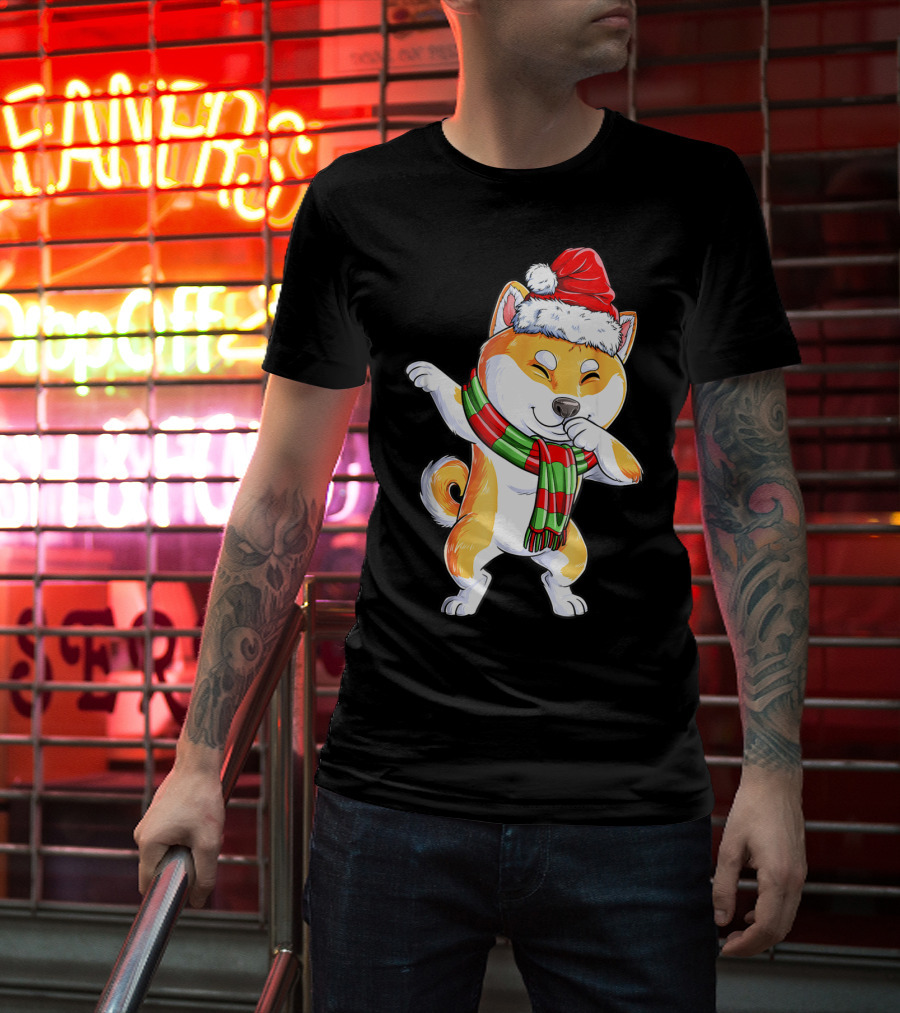 Dabbing Shiba Inu Santa Christmas Scarf Dance T-Shirt