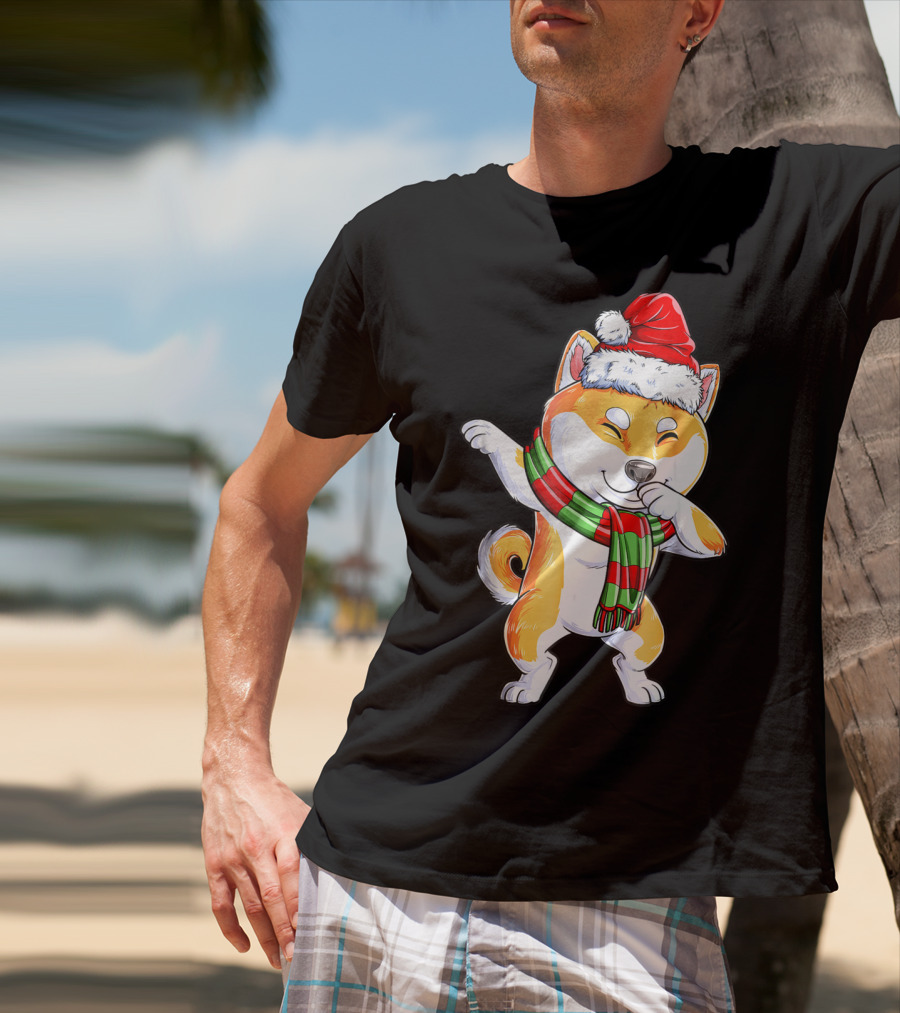 Dabbing Shiba Inu Santa Christmas Scarf Dance T-Shirt