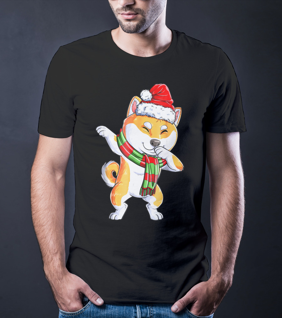 Dabbing Shiba Inu Santa Christmas Scarf Dance T-Shirt
