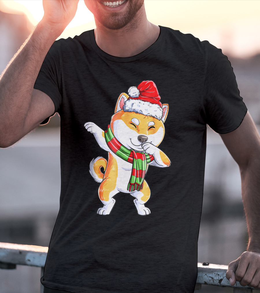 Dabbing Shiba Inu Santa Christmas Scarf Dance T-Shirt