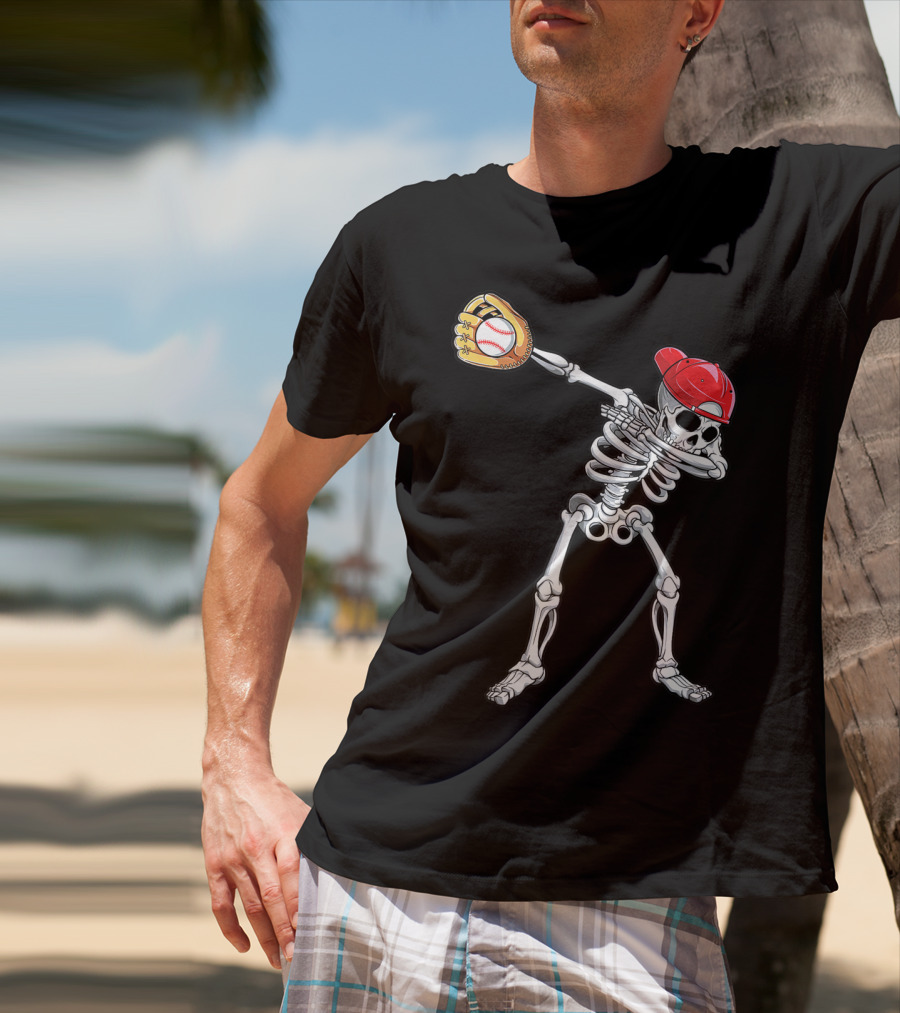 Dabbing Skeleton Baseball Halloween Boys Red Hat T-Shirt