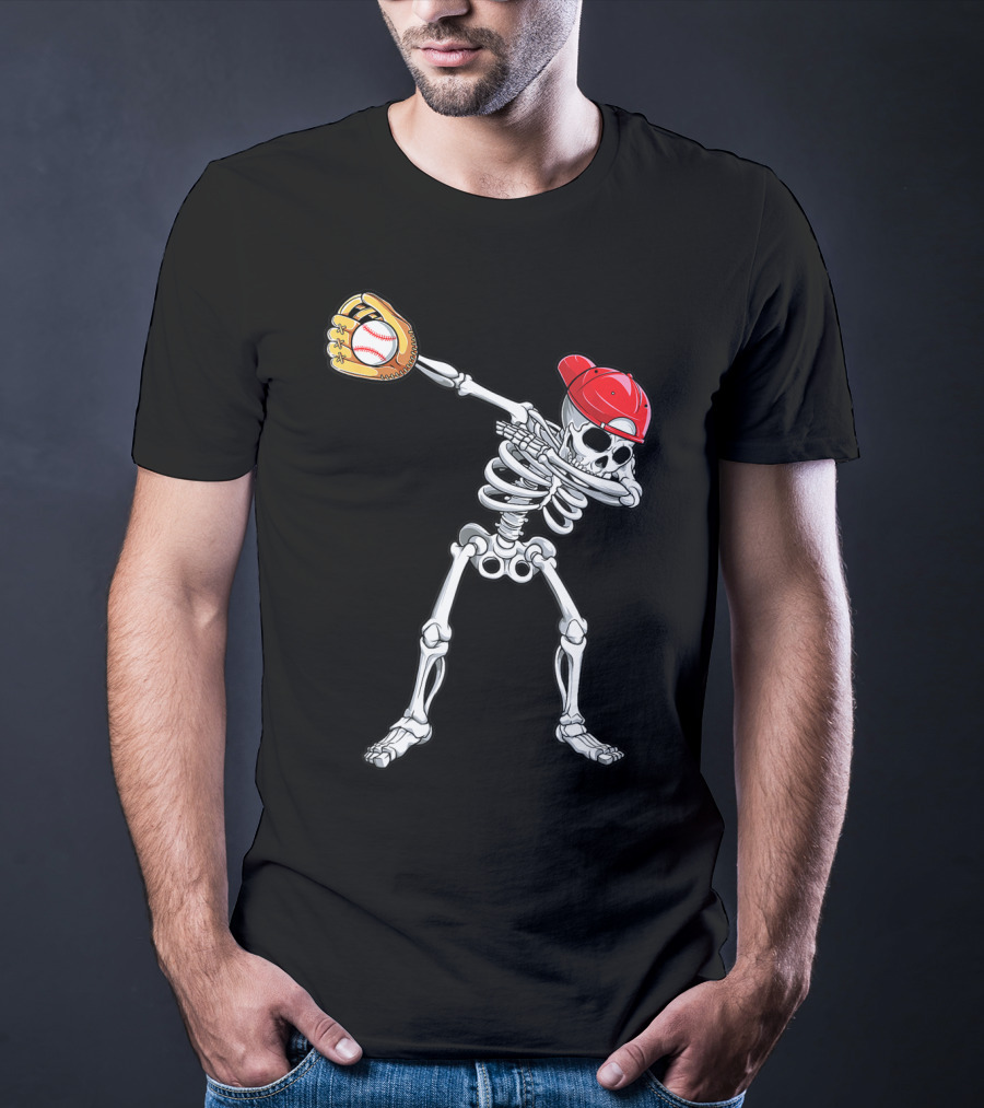 Dabbing Skeleton Baseball Halloween Boys Red Hat T-Shirt