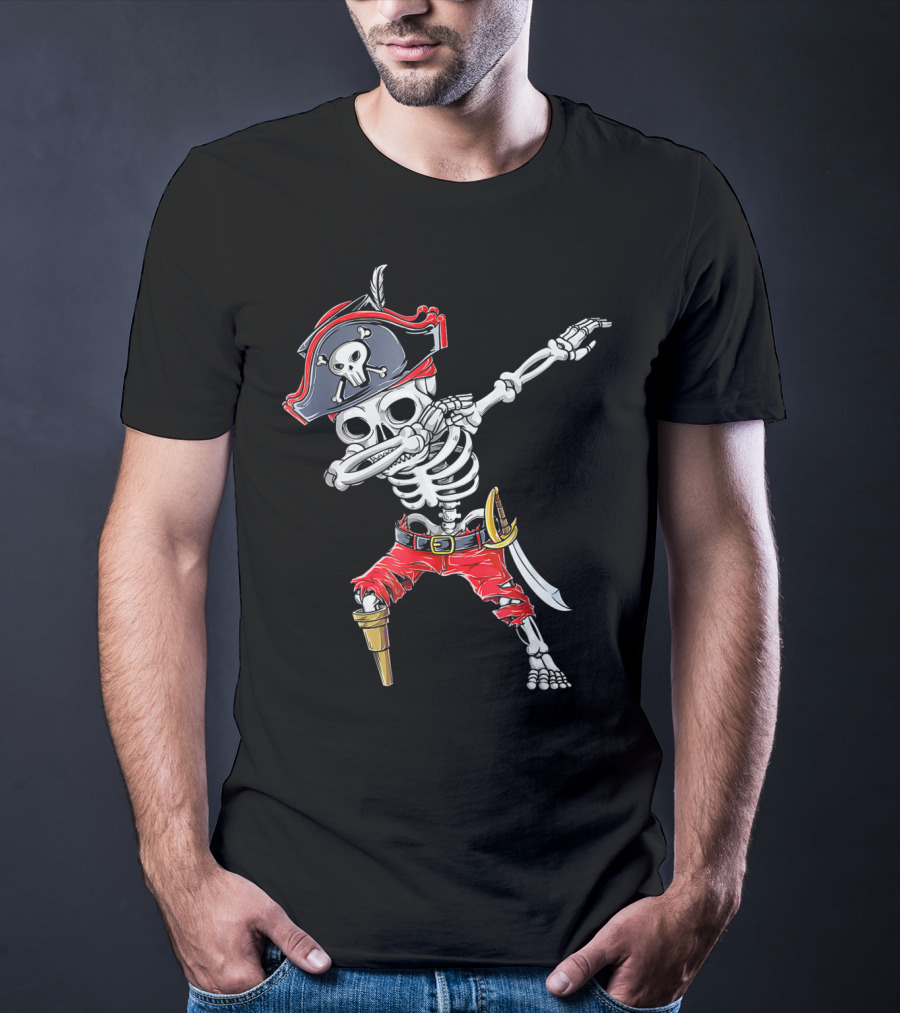 Dabbing Skeleton Pirate Kids Halloween Jolly Roger T-Shirt