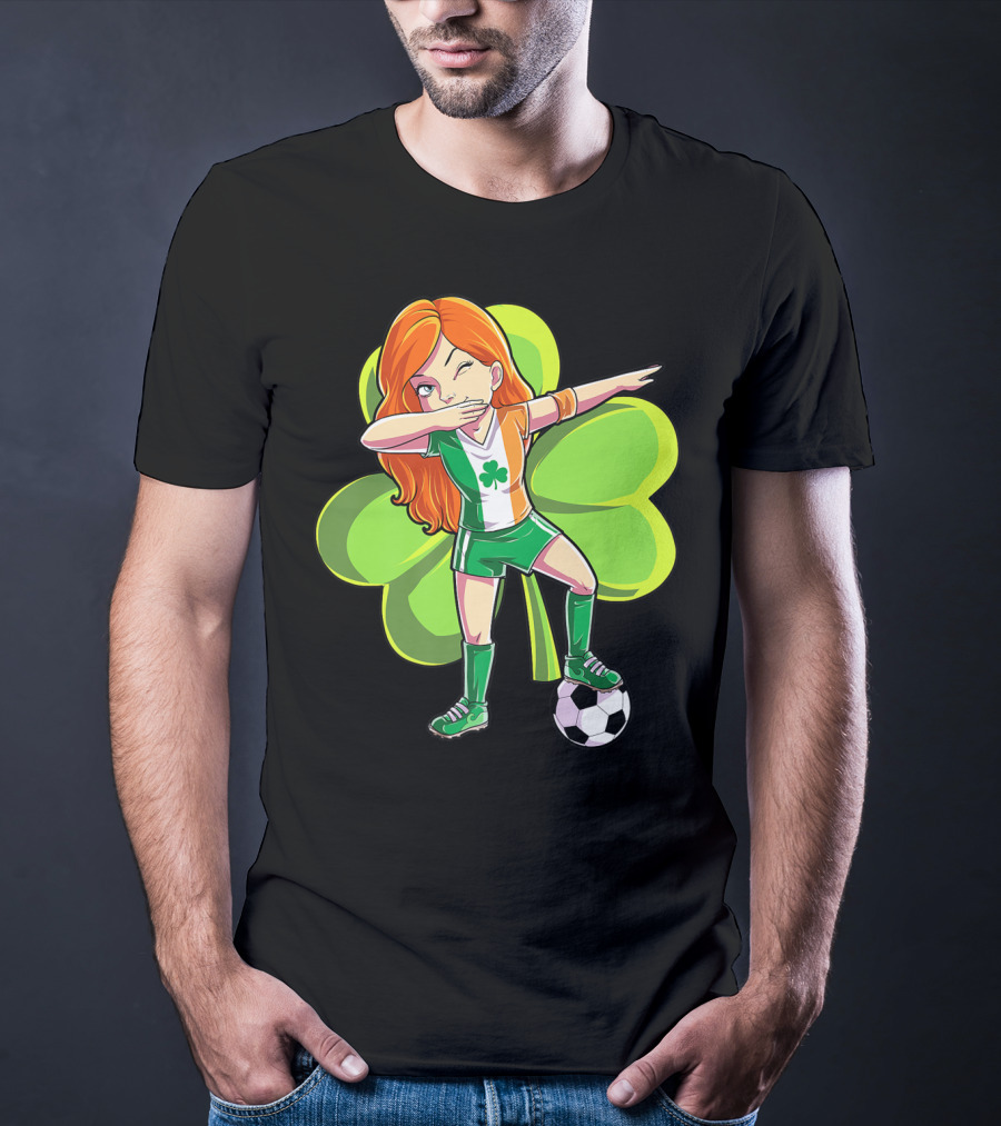 Dabbing Soccer Girl St Patricks Day Irish Shamrock T-Shirt