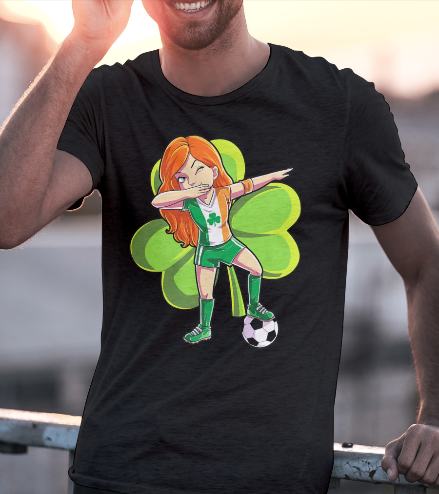 Dabbing Soccer Girl St Patricks Day Irish Shamrock T-Shirt