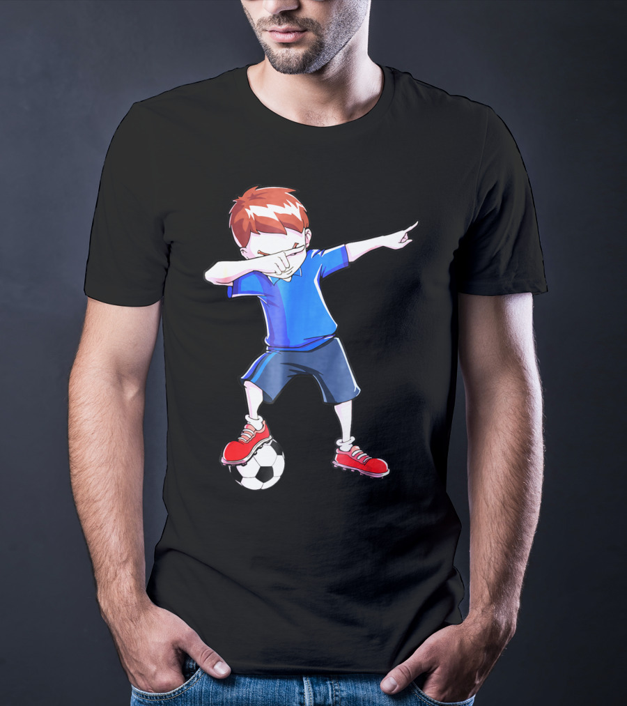 Dabbing Soccer Dab Funny Football Kid In Blue Shirt And Red Shoes T-Shirt