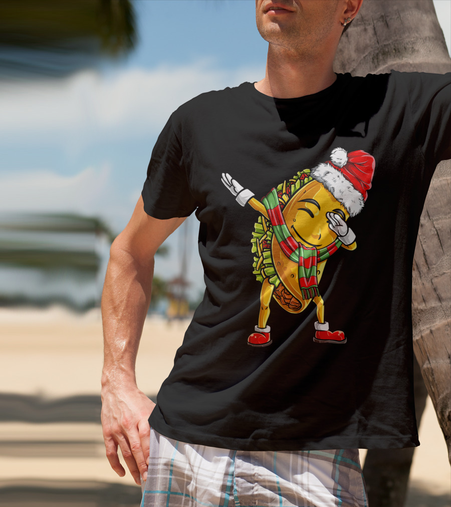 Dabbing Santa Taco With Christmas Hat And Scarf T-Shirt