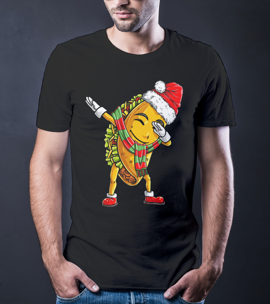 Dabbing Santa Taco With Christmas Hat And Scarf T-Shirt