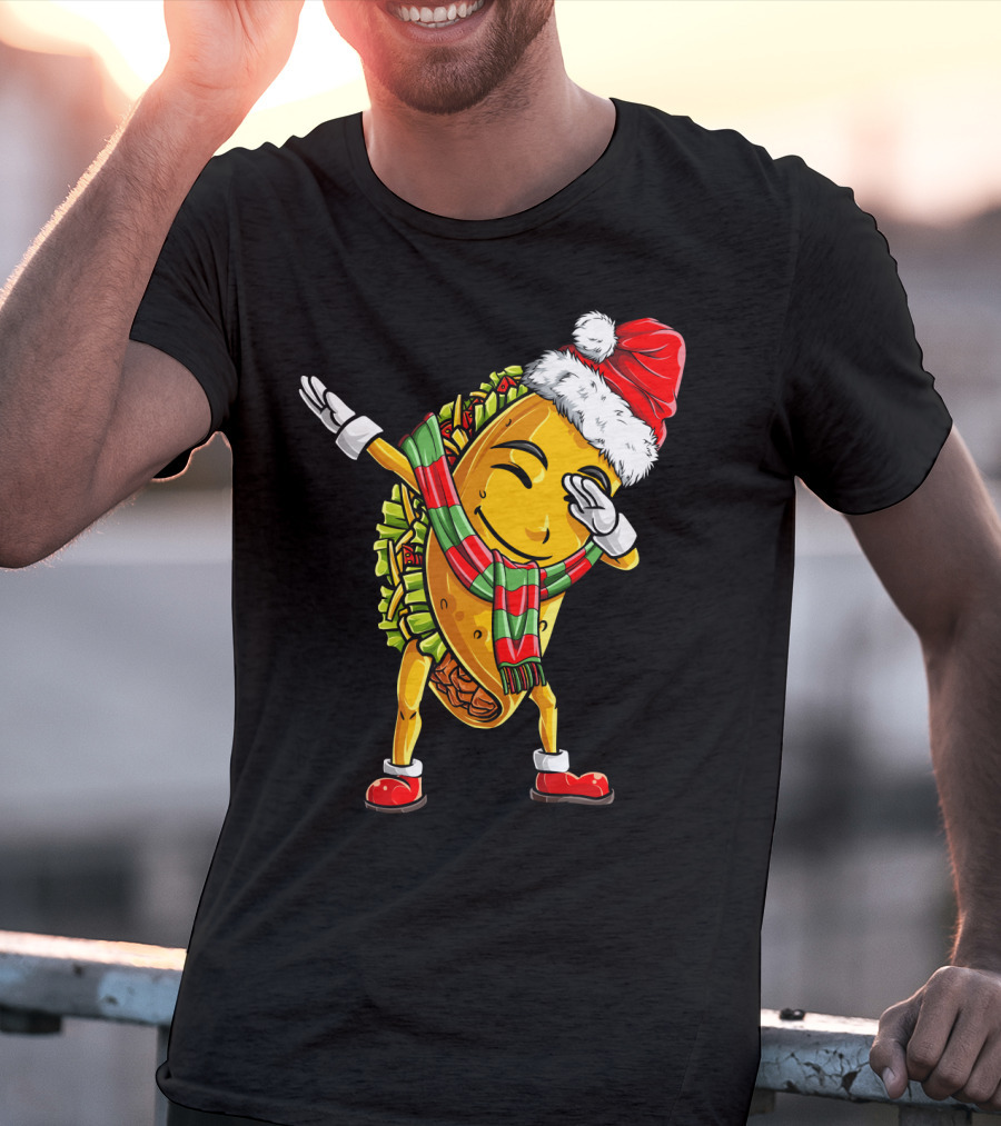 Dabbing Santa Taco With Christmas Hat And Scarf T-Shirt