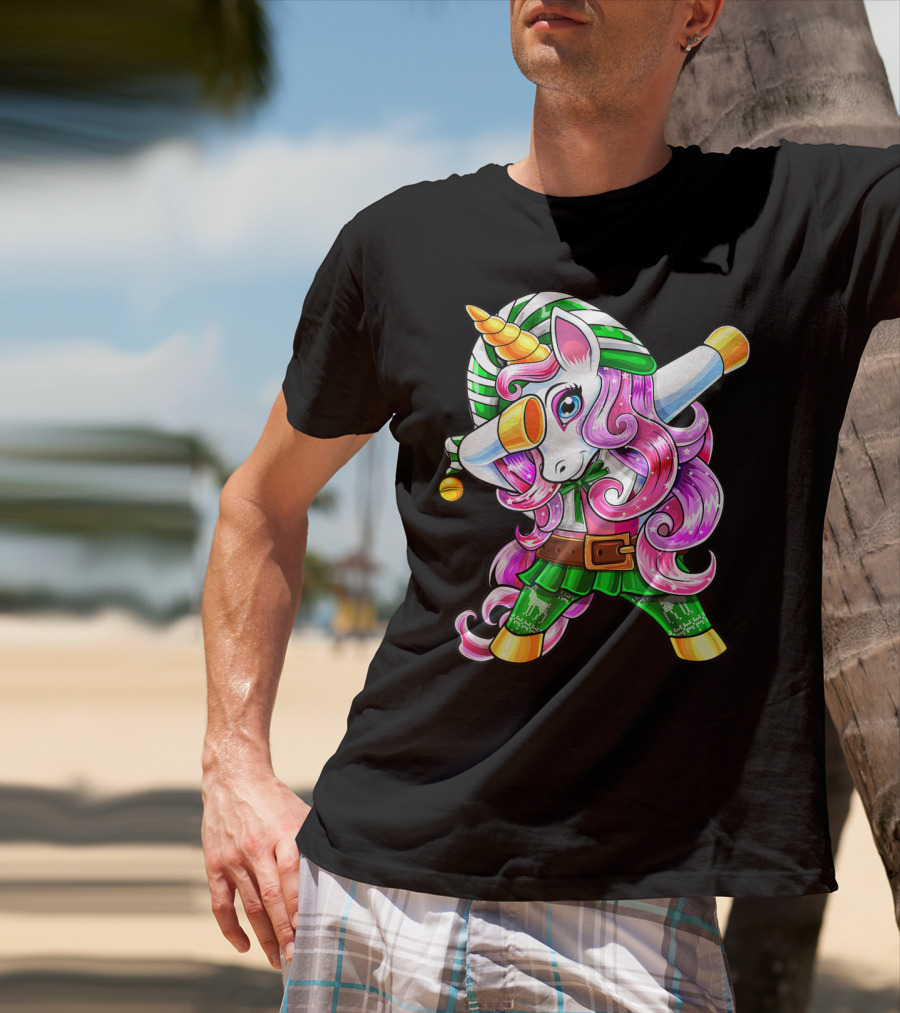 Dabbing Unicorn Christmas Elf Costume Unicorn Girls Pink Hair Green T-Shirt