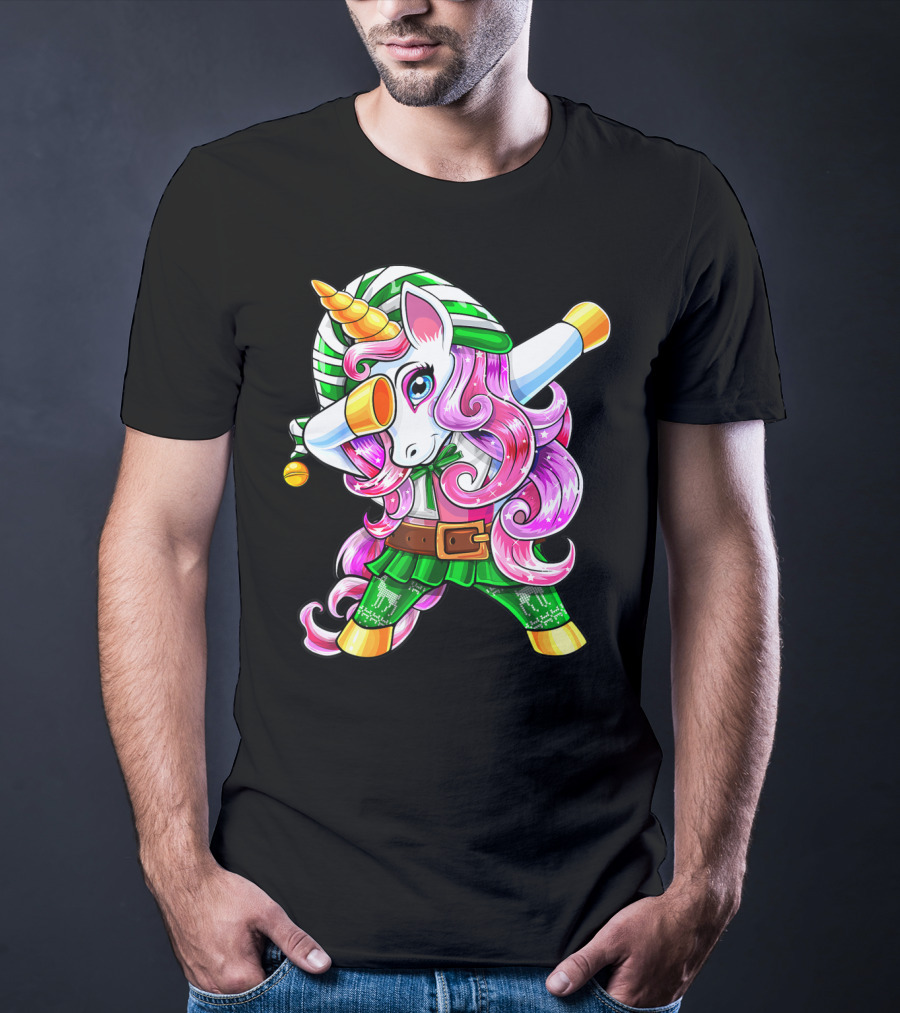 Dabbing Unicorn Christmas Elf Costume Unicorn Girls Pink Hair Green T-Shirt