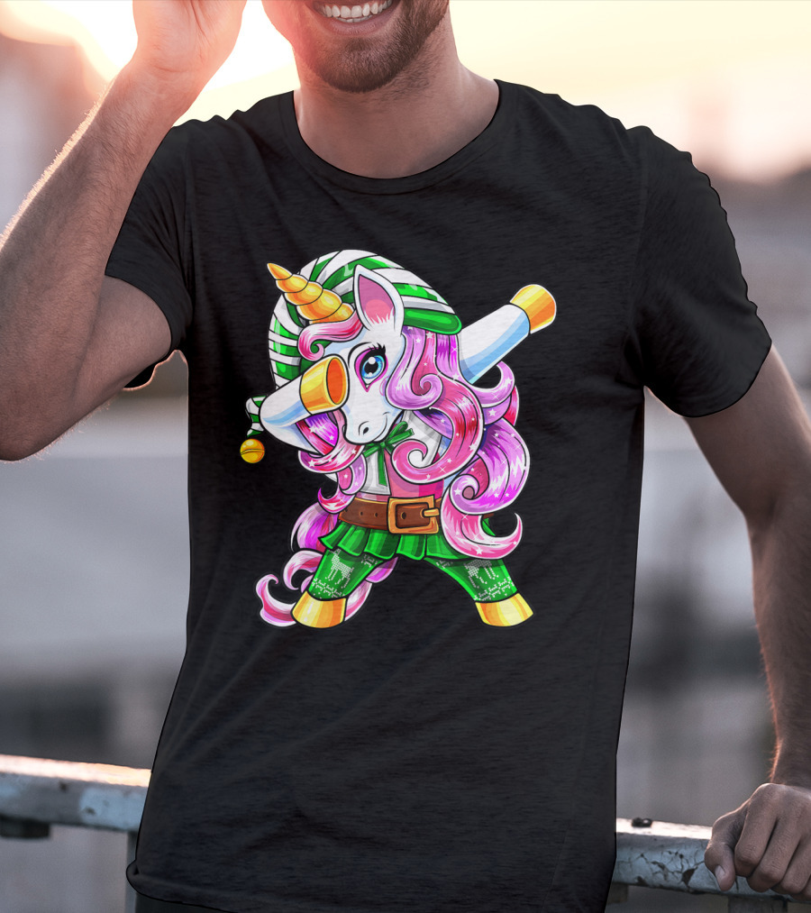 Dabbing Unicorn Christmas Elf Costume Unicorn Girls Pink Hair Green T-Shirt