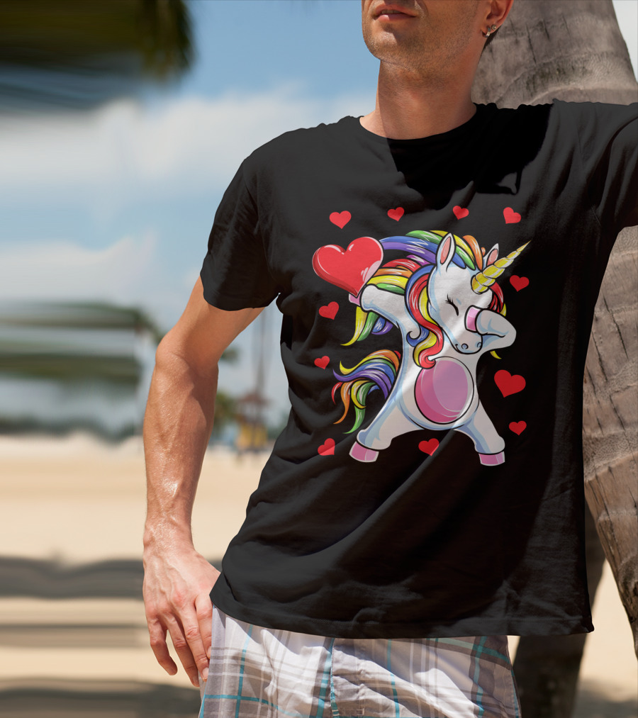 Valentines Day Dabbing Unicorn With Heart And Rainbow Mane T-Shirt