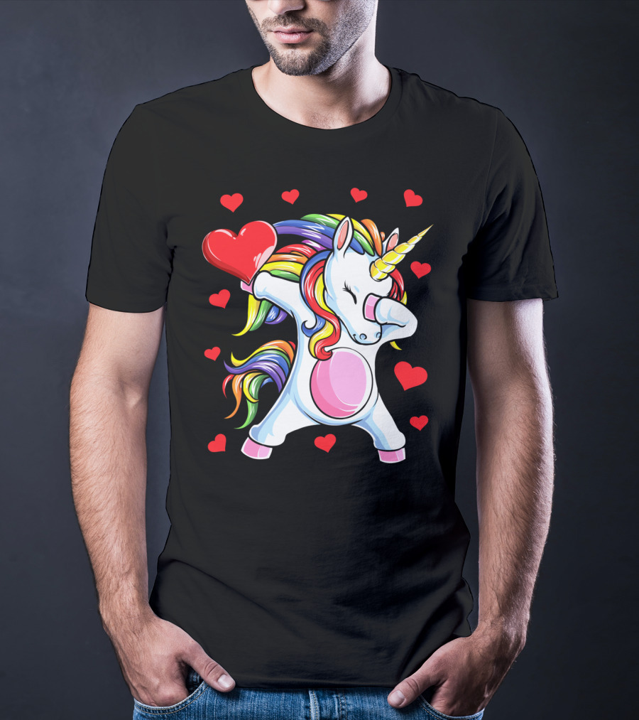 Valentines Day Dabbing Unicorn With Heart And Rainbow Mane T-Shirt