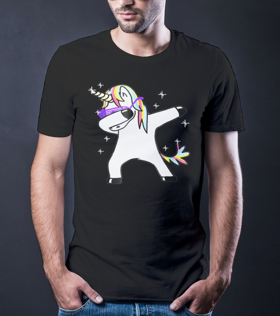Dabbing Rainbow Unicorn With Sunglasses And Stars T-Shirt