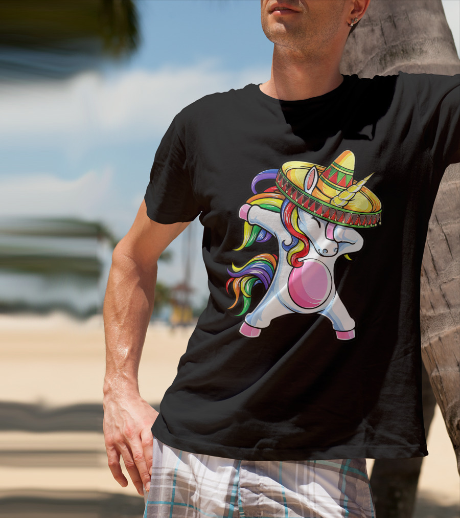 Dabbing Unicorn With Rainbow Hair And Sombrero Celebrating Cinco De Mayo T-Shirt