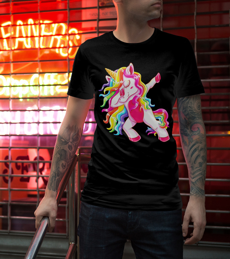 Dabbing Rainbow Unicorn With Long Hair Dab Dance T-Shirt