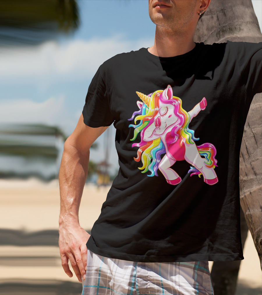 Dabbing Rainbow Unicorn With Long Hair Dab Dance T-Shirt