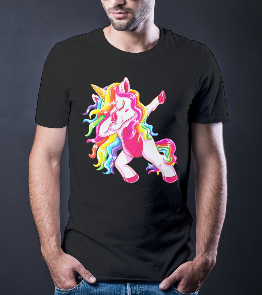 Dabbing Rainbow Unicorn With Long Hair Dab Dance T-Shirt