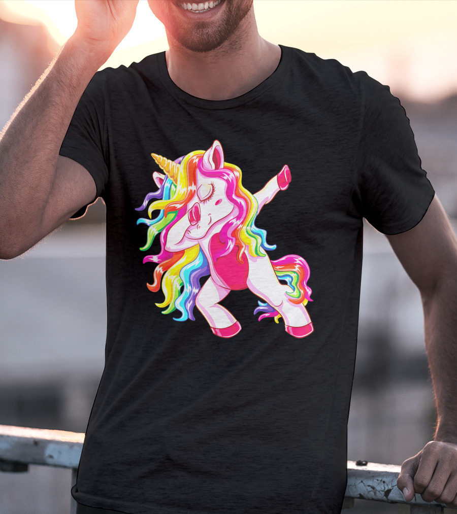Dabbing Rainbow Unicorn With Long Hair Dab Dance T-Shirt
