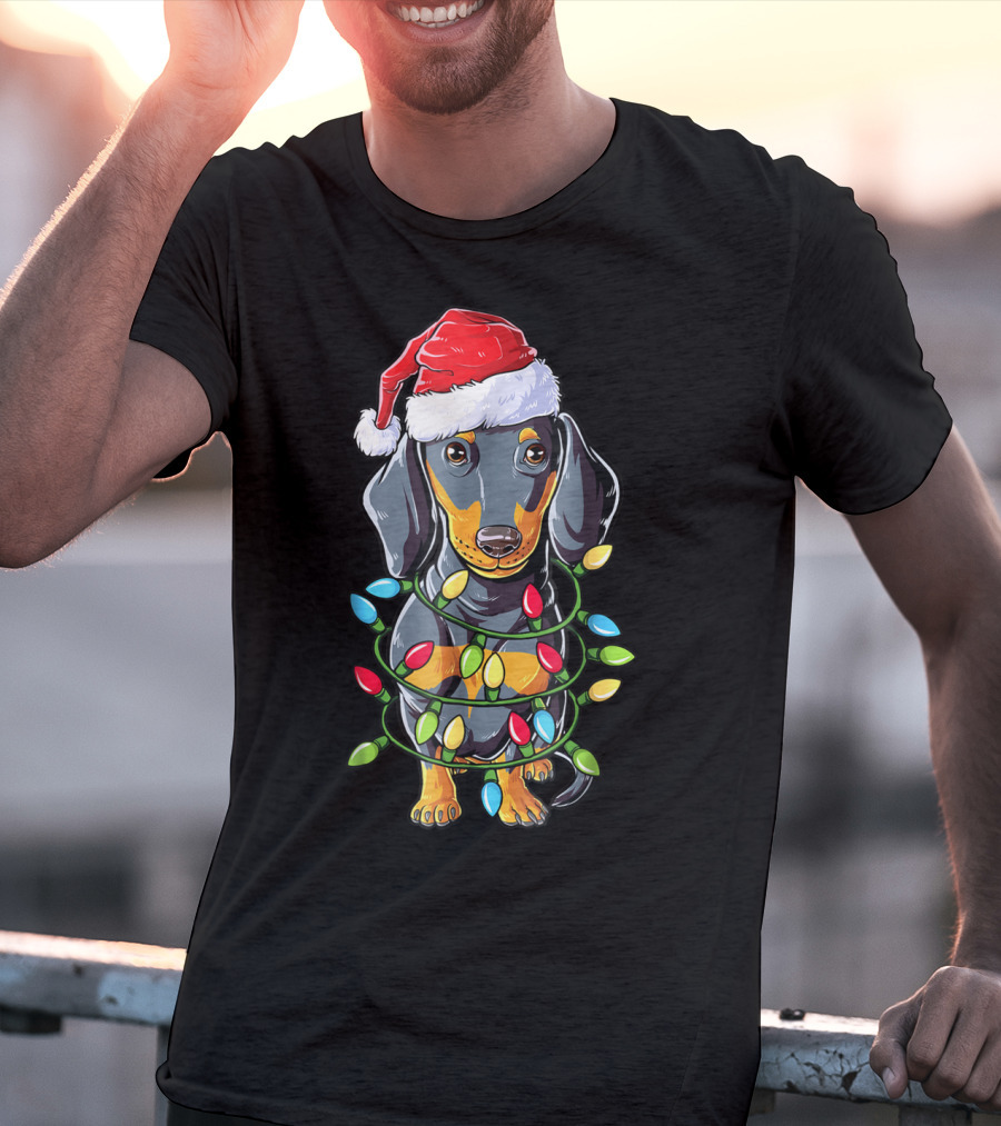 Dachshund Christmas Dog Wrapped In Santa Hat And Xmas Tree Lights T-Shirt