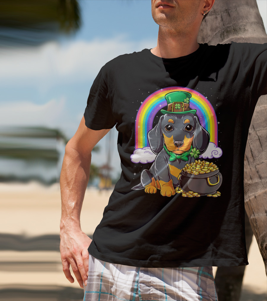 Dachshund St Patricks Day Leprechaun Rainbow Pot Of Gold T-Shirt