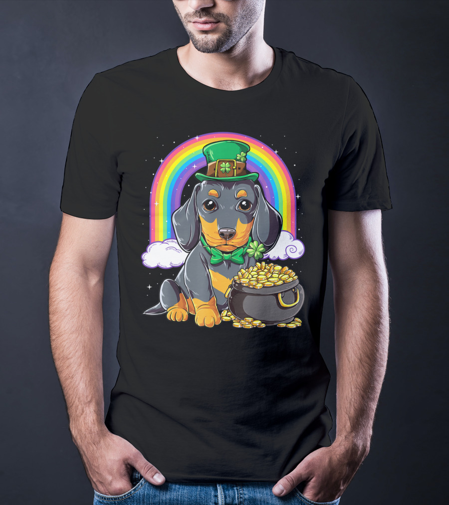 Dachshund St Patricks Day Leprechaun Rainbow Pot Of Gold T-Shirt