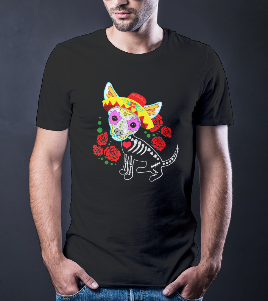 Day Of The Dead Chihuahua Skeleton Sombrero Roses T-Shirt