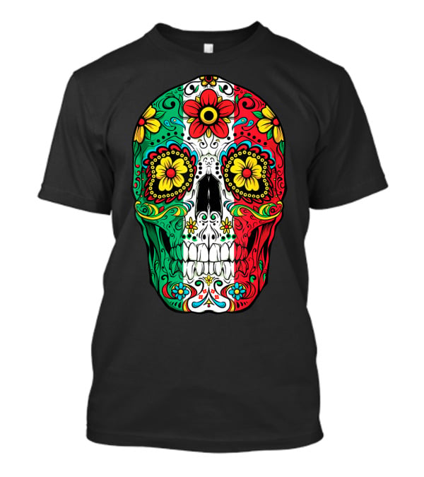 Day Of The Dead Sugar Skull Mexican Flag Flowers Colorful T-Shirt