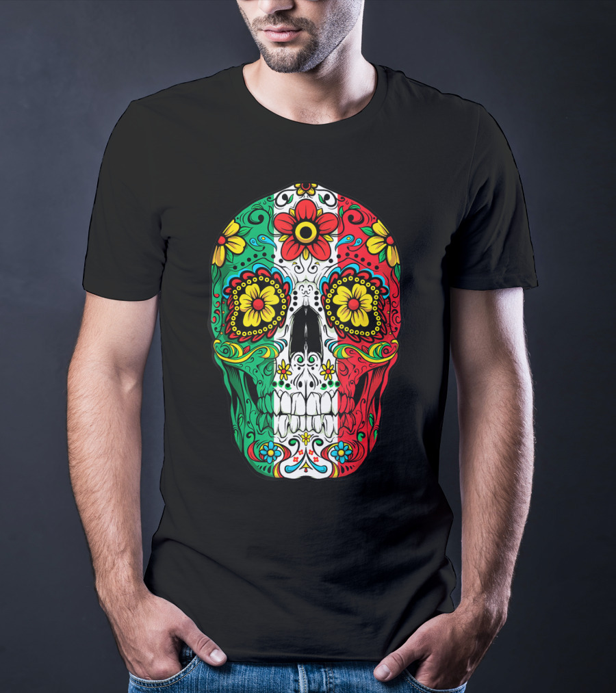 Day Of The Dead Sugar Skull Mexican Flag Flowers Colorful T-Shirt