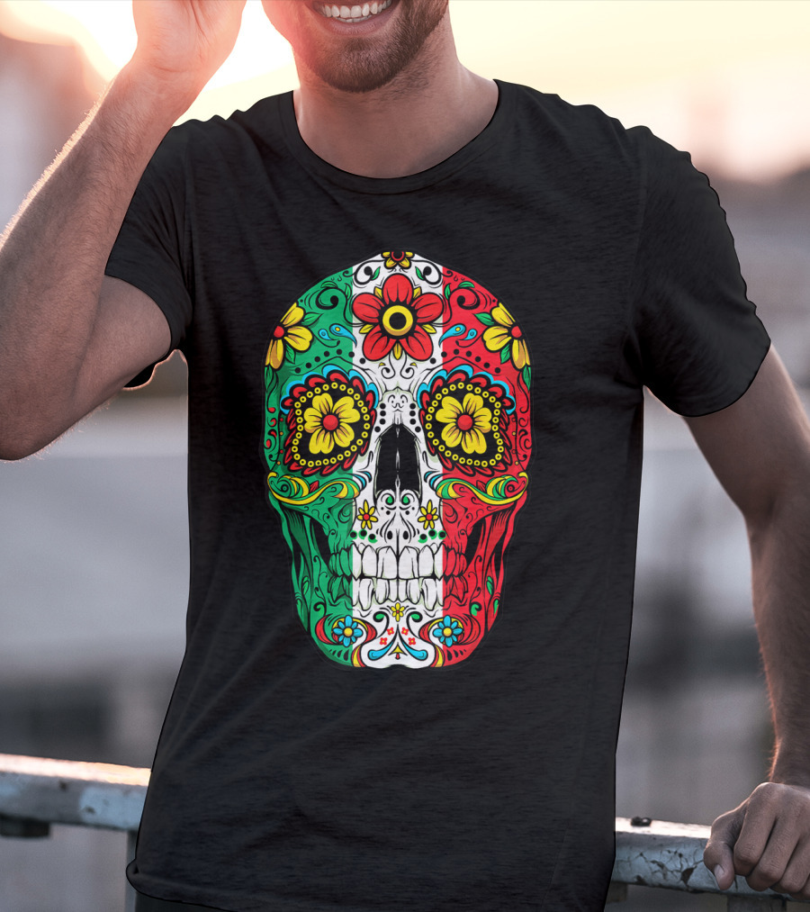 Day Of The Dead Sugar Skull Mexican Flag Flowers Colorful T-Shirt