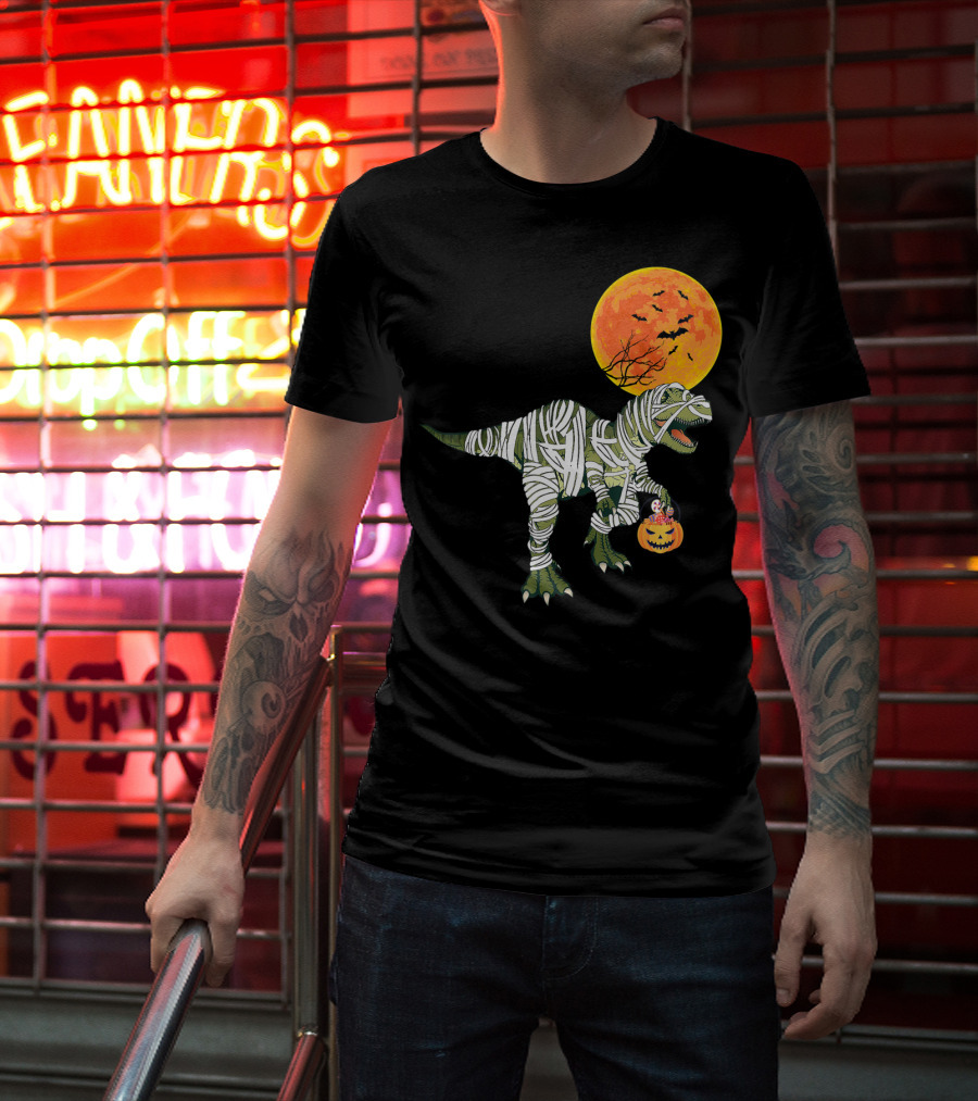 Dinosaur Halloween Mummy With Pumpkin And Full Moon Background T-Shirt