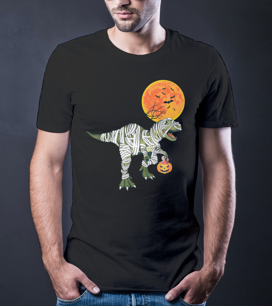 Dinosaur Halloween Mummy With Pumpkin And Full Moon Background T-Shirt