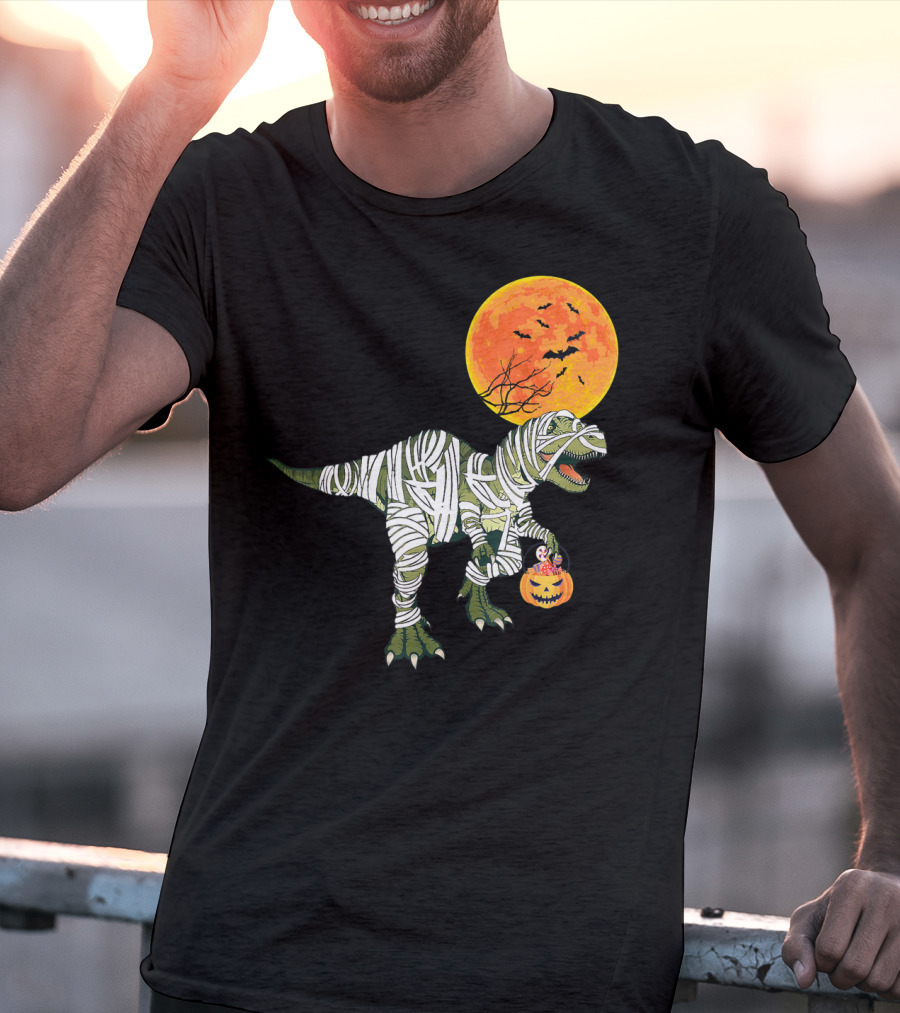 Dinosaur Halloween Mummy With Pumpkin And Full Moon Background T-Shirt