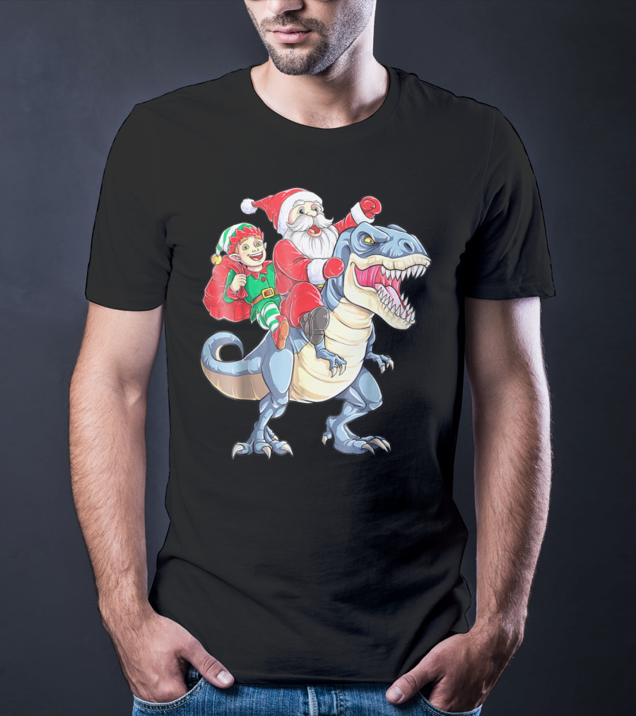 Dinosaur Christmas Santa And Elf Riding T-Rex T-Shirt