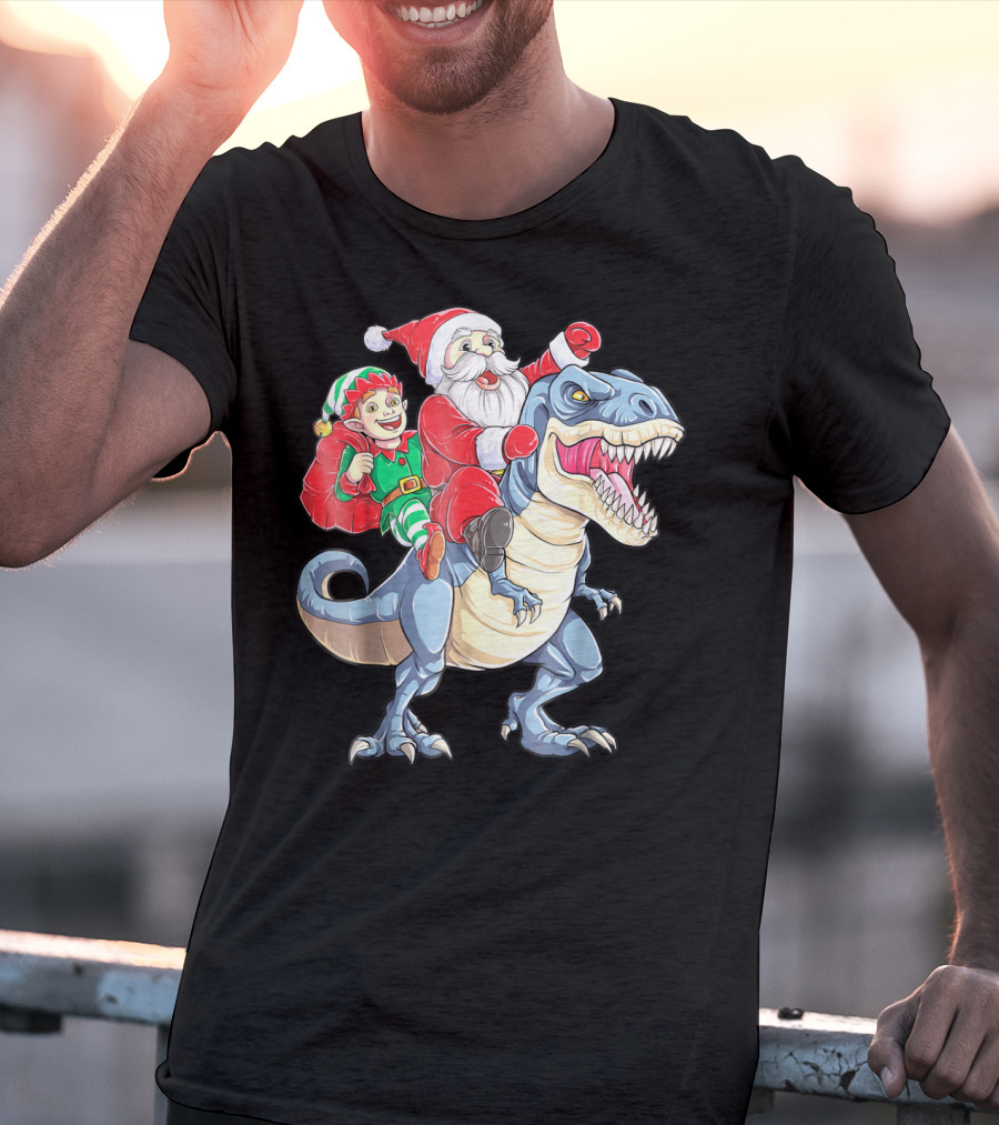 Dinosaur Christmas Santa And Elf Riding T-Rex T-Shirt