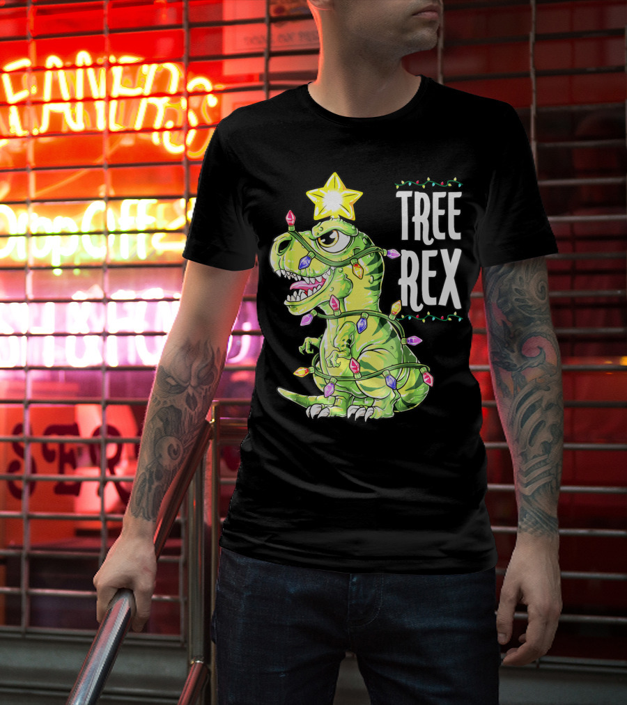 Tree Rex Dinosaur Christmas Lights Boys T-Shirt