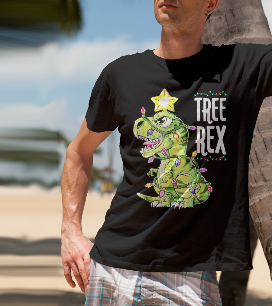 Tree Rex Dinosaur Christmas Lights Boys T-Shirt