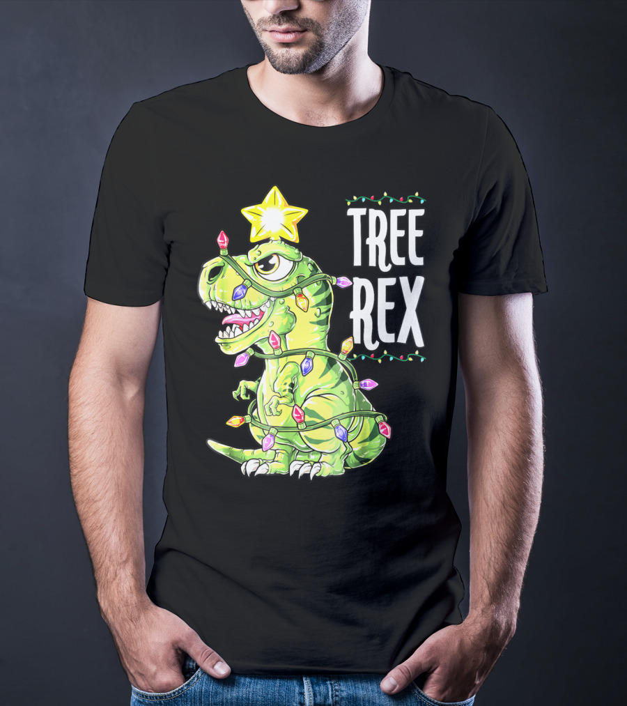 Tree Rex Dinosaur Christmas Lights Boys T-Shirt