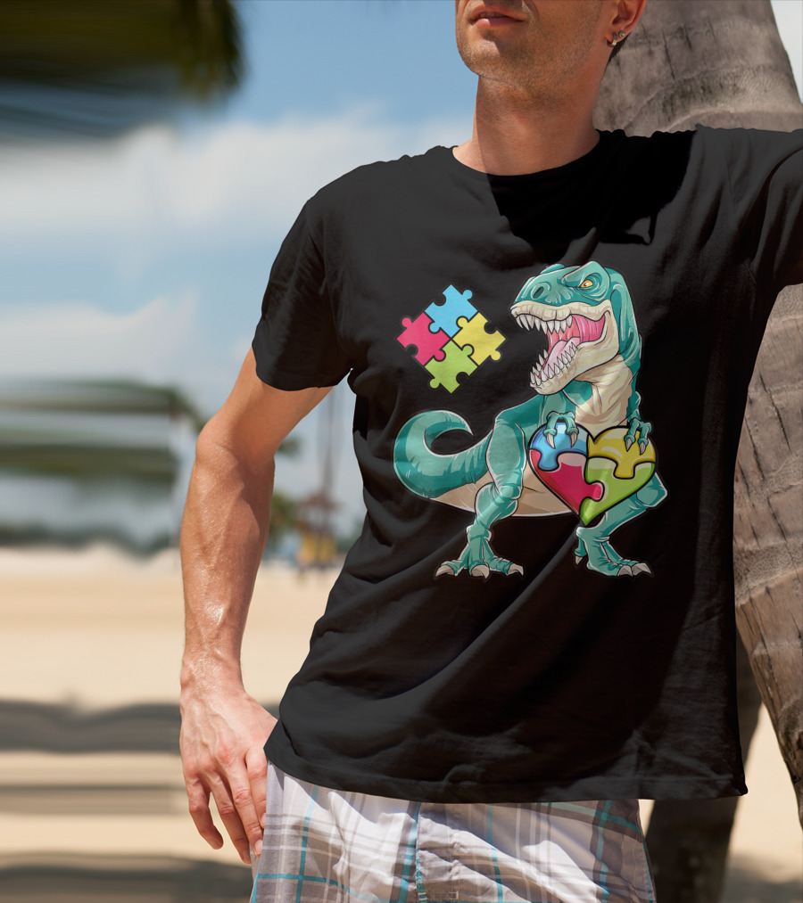 Dinosaur Holding Puzzle Heart Autism Awareness Boys T-Shirt