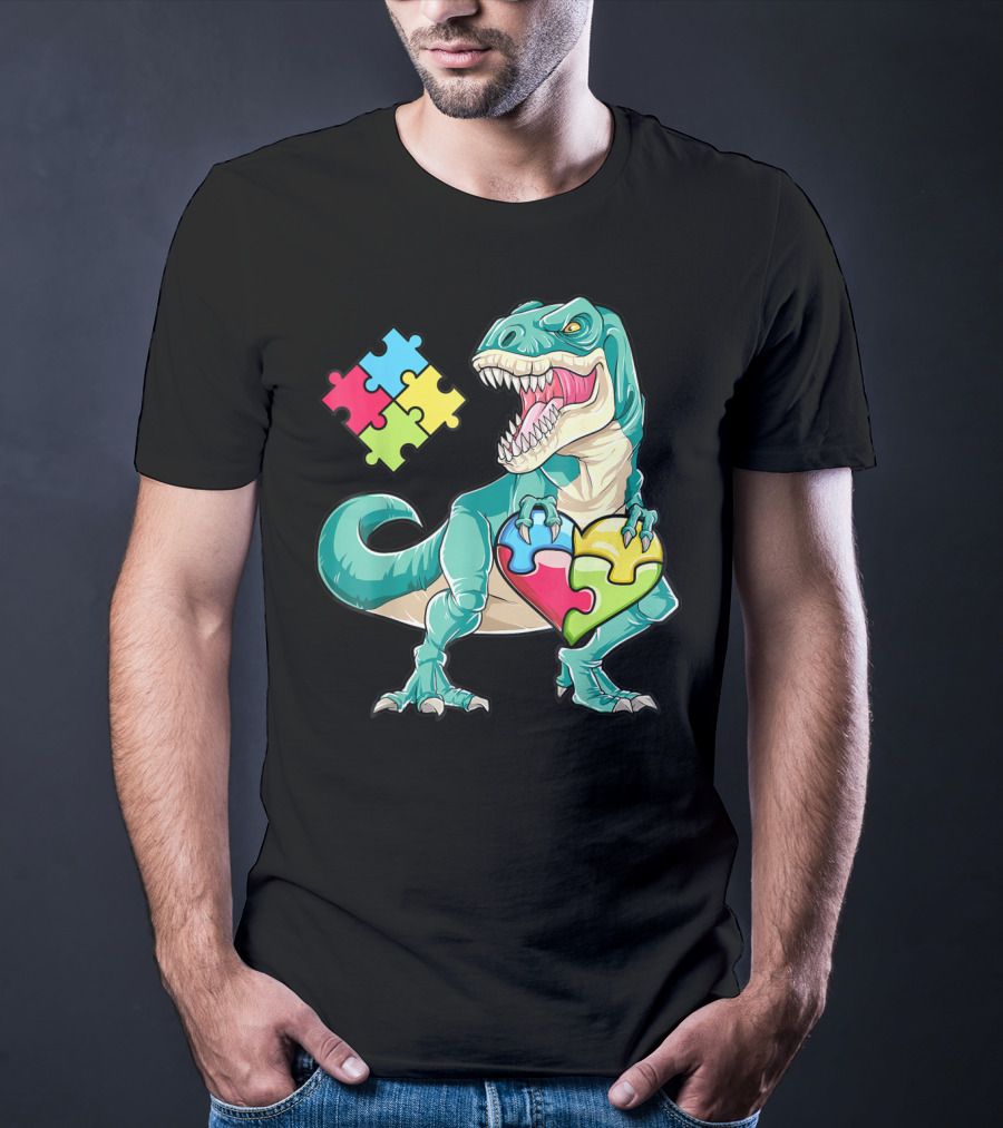 Dinosaur Holding Puzzle Heart Autism Awareness Boys T-Shirt