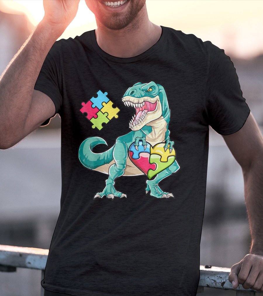 Dinosaur Holding Puzzle Heart Autism Awareness Boys T-Shirt