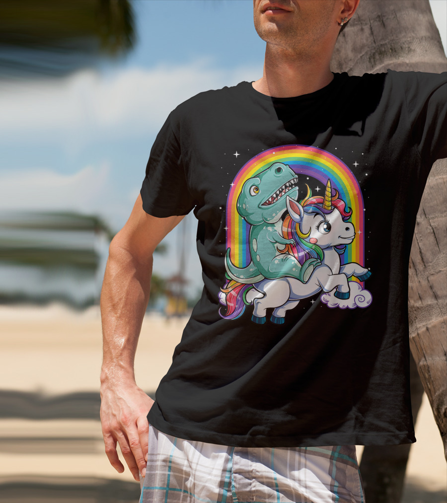 Dinosaur Riding Unicorn Rainbow Rex Sparkle Stars Fantasy T-Shirt