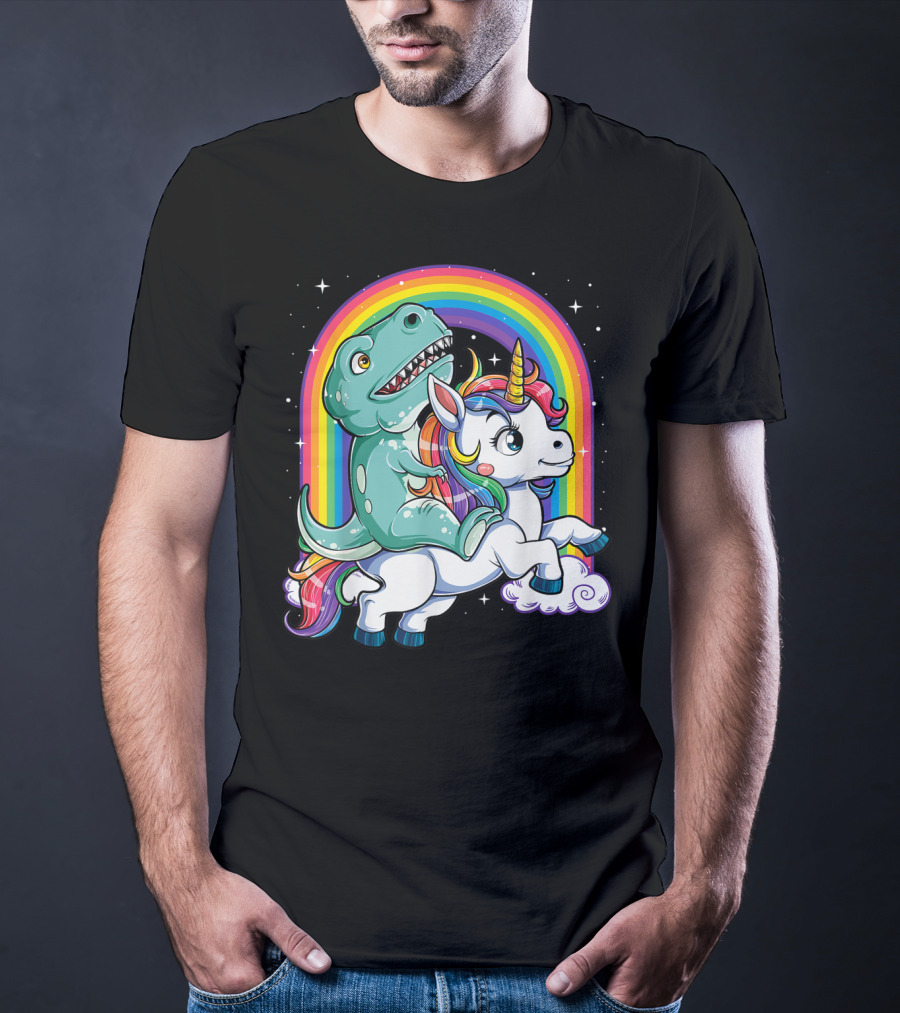 Dinosaur Riding Unicorn Rainbow Rex Sparkle Stars Fantasy T-Shirt