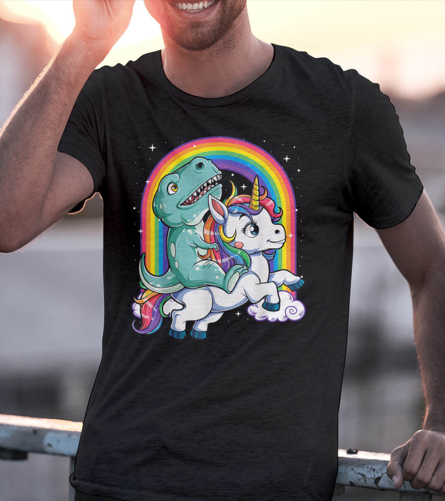 Dinosaur Riding Unicorn Rainbow Rex Sparkle Stars Fantasy T-Shirt