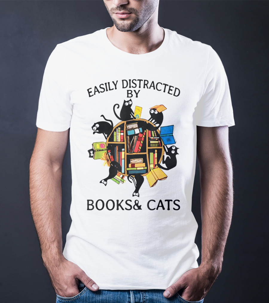 Easily Distracted By Books And Cats With Playful Shelf Cats T-Shirt