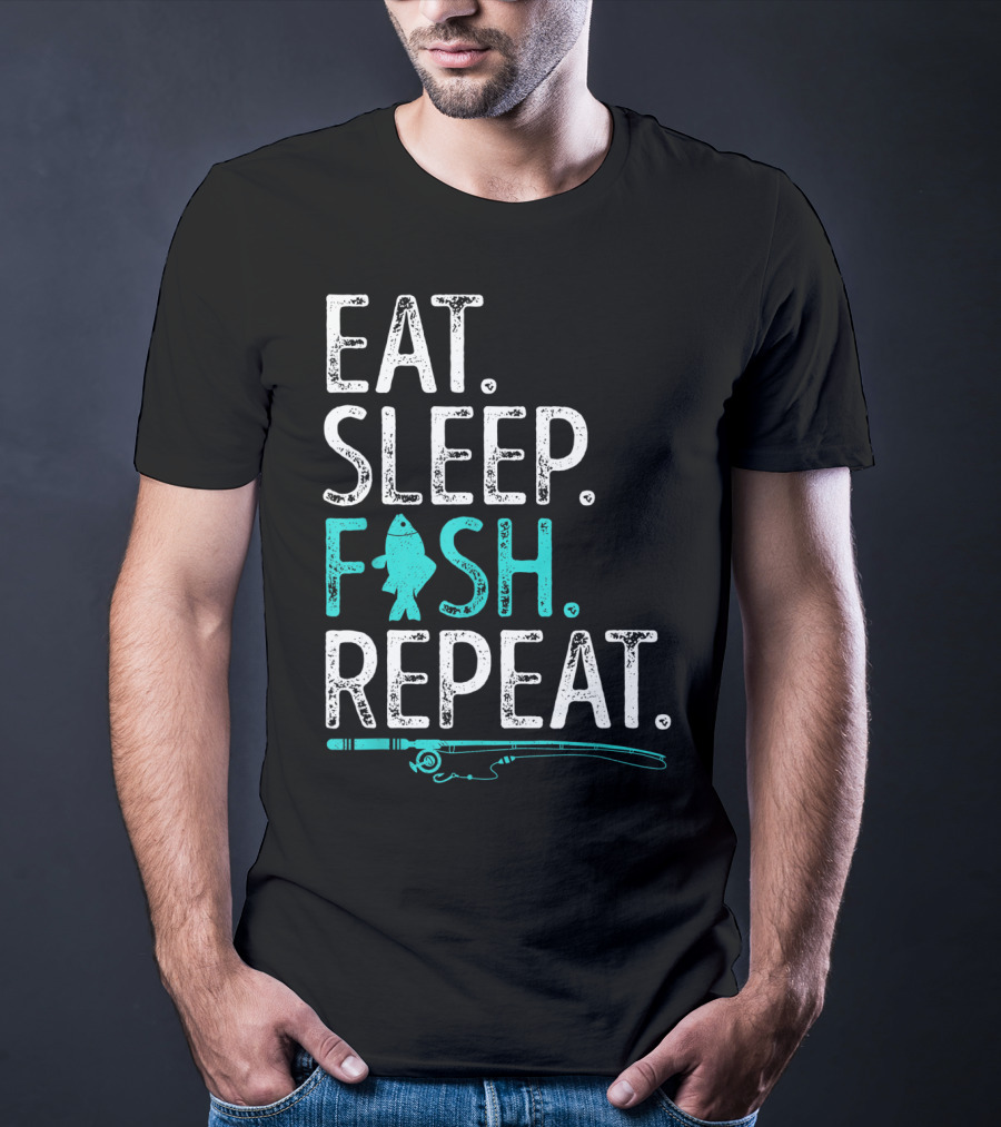 Eat Sleep Fish Repeat Kids Fishing Fishing Rod Teal Fish T-Shirt