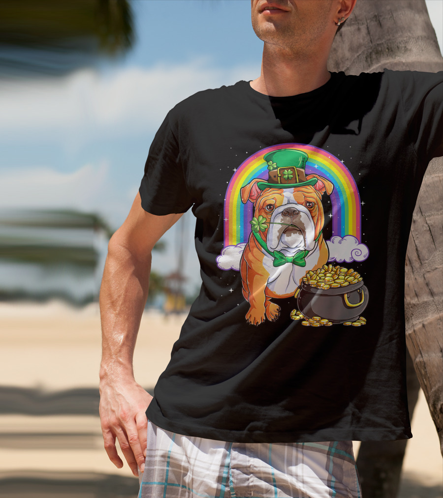 English Bulldog Leprechaun St Patricks Day Rainbow Gold Pot T-Shirt